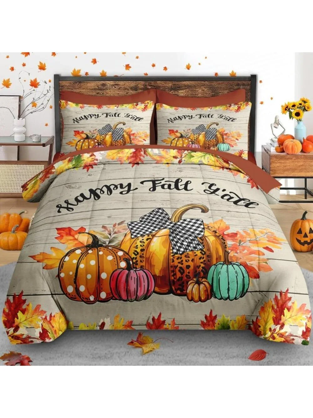 Cozy Queen Fall Comforter Set with Sheets - 7 Piece Happy Bedding Collection